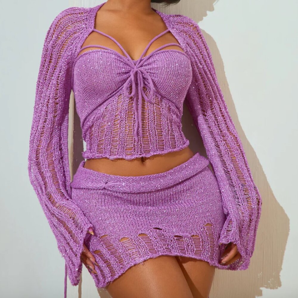 Fae Sequin Crochet Cover Up Skirt Set